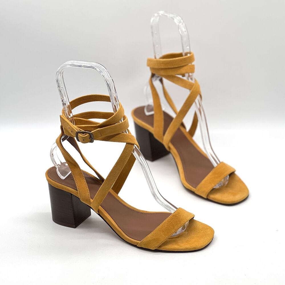 BA&SH Cequoia Strappy Heeled Sandal Women 39 Yellow Suede Block Stacked heel NEW - Picture 1 of 15